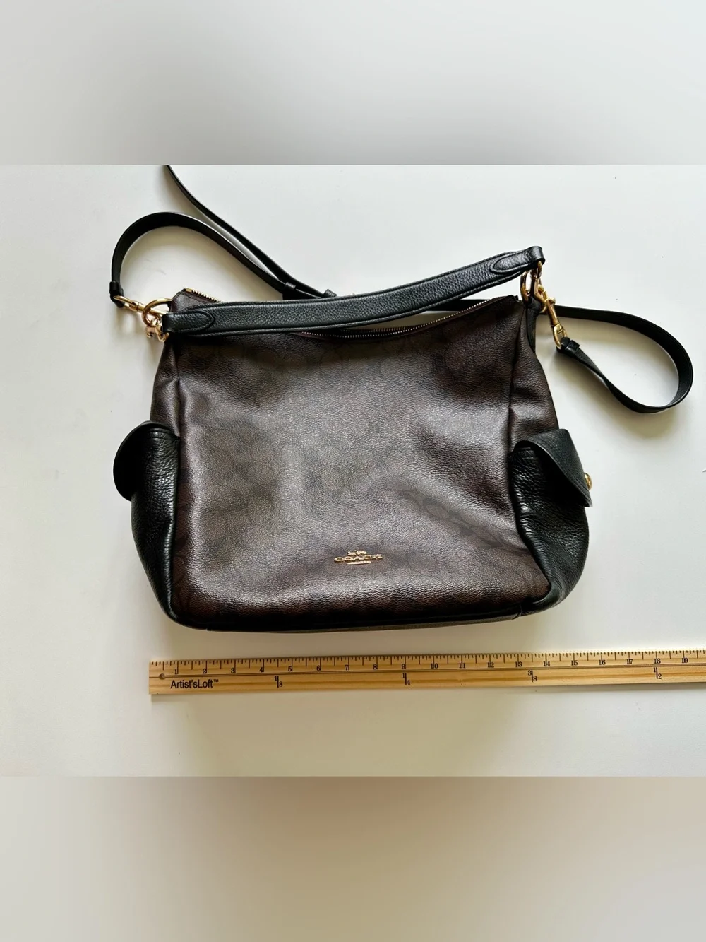 Coach Pennie C1523 Signature Canvas Brown Black Leather Shoulder Crossbody Bag